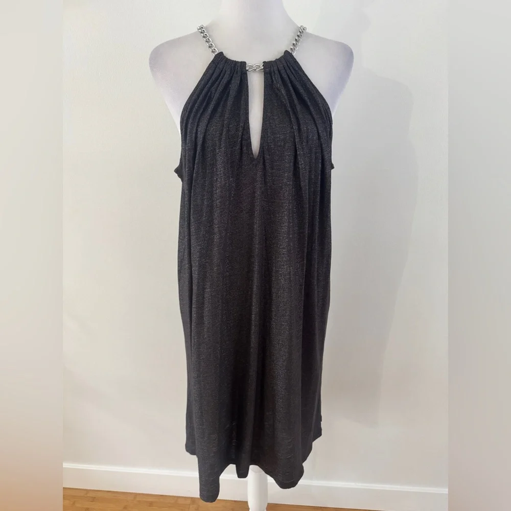 New! MICHAEL KORS silver Shimmer halter Chain Black Sleeveless Hi-Lo Dress